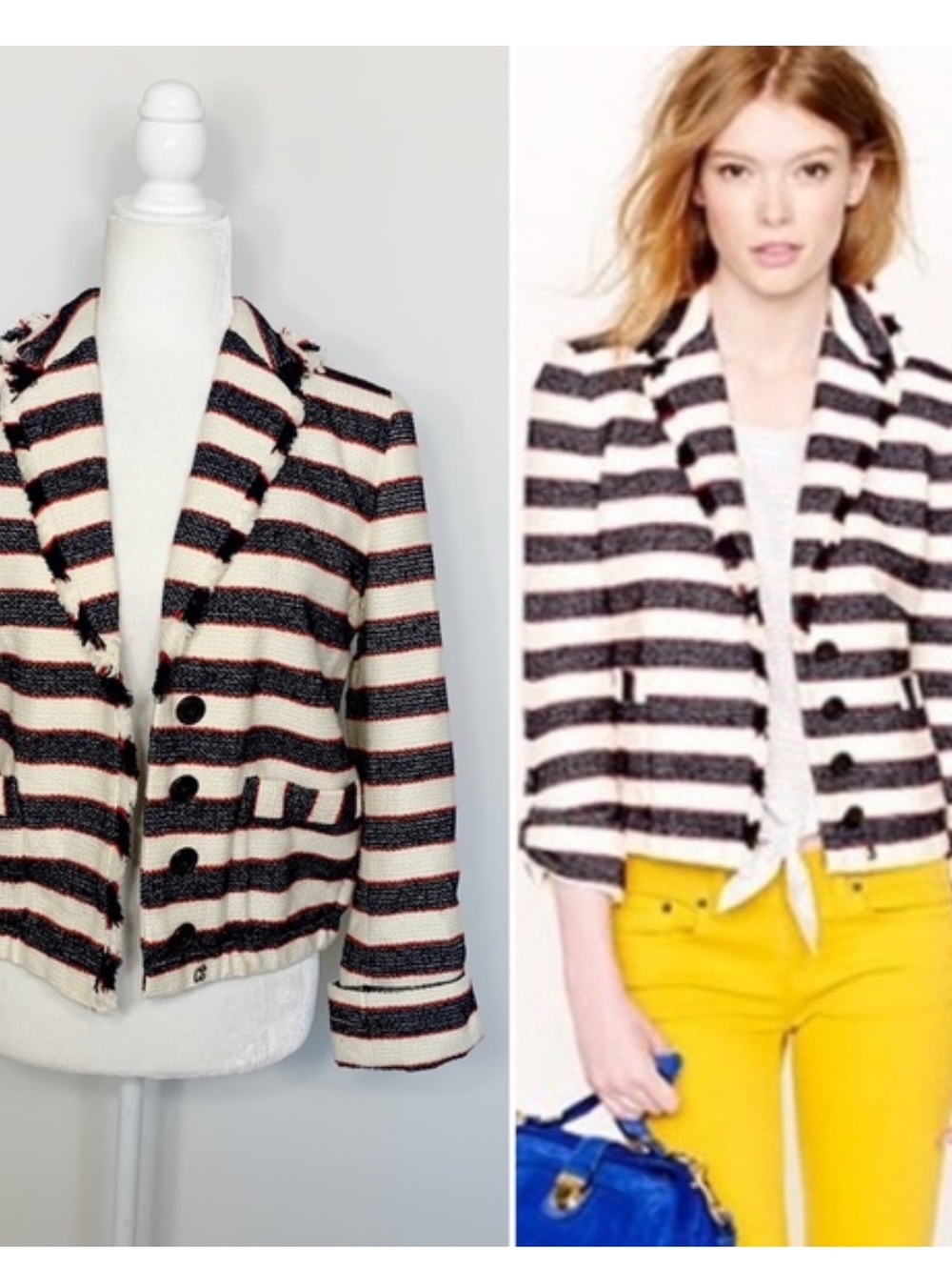 J.CREW striped cotton blazer with fringe collar. Small.